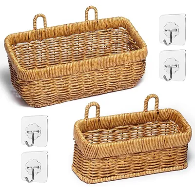 2er Set geflochtene Rattan-Hängekörbe, Wandhalter, 28x13x13 cm