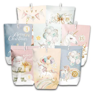 Produktbild von Adventskalender Bastelset 28 Papierbeutel mit Zubehör Aquarell-Einhorn Motiv