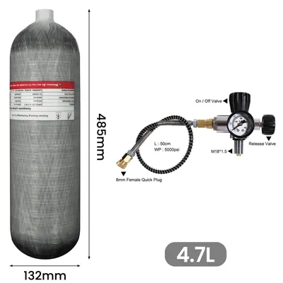 Immagine prodotto di Bombola ad aria compressa in fibra di carbonio - Serbatoio ad aria PCP da 4,7 litri - 300 bar / 4500 psi - Valvola C con filettatura M18×1,5 - 2,7 kg - 485 mm