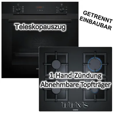 Produktbild von Herdset Siemens Backofen EcoClean Hydrolyse + Gas-Kochfeld autark 60 cm