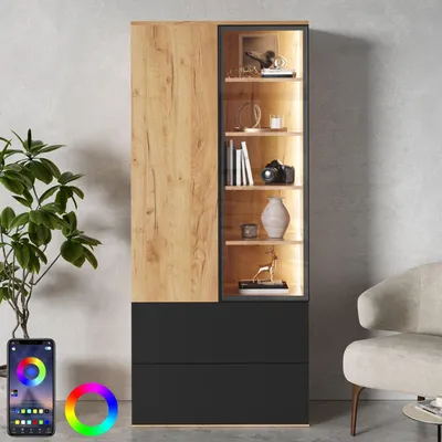 Produktbild von Merax Vitrinenschrank, Glasvitrine mit LED-Beleuchtung, 2 Türen, 2 Schubladen und 6 Einlegeböden, Präsentationsschrank Wohnzimmer, Natur+Schwarz