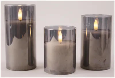 Produktbild von 3er Set Wachskerzen mit 3D Flamme im Rauchglas, Größen: 5x10/12,5/15cm