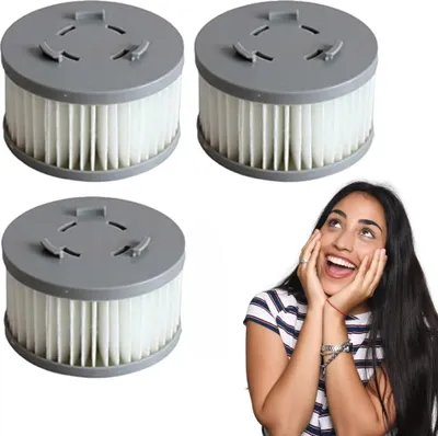 Three vacuum cleaner filters are arranged on the left side of the image, with a young woman looking up in delight on the right side.