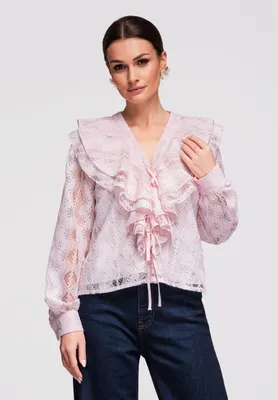 Produktbild von LARICA Damen Bluse V-Ausschnitt Spitze Langarm Romantisch & Elegant OW-TS-E0027 rose S