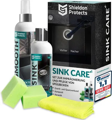 Produktbild von Shieldon Protects 2er Set Reiniger & Imprägnat für Granitspülen - mit Schwämme und Mikrofasertuch - Reinigung & Wasserabweisende Imprägnierung