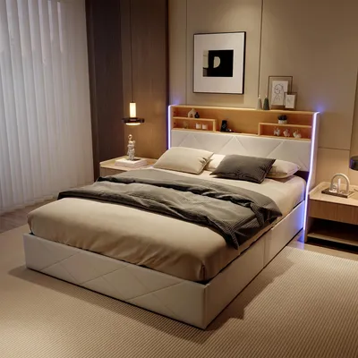 Produktbild von Polsterbett mit Stauraum - Doppelbett 160×200 cm - Hydraulischer Bettkasten - USB-Ladefunktion - Metallrahmen - Gepolstertes Kopfteil - Weiß
