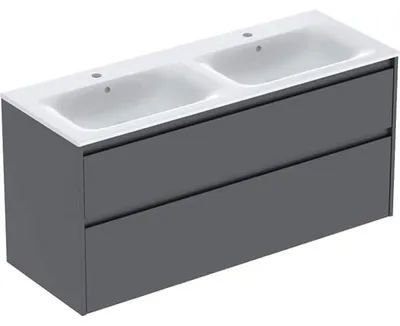 Produktbild von Geberit Renova Plan Set Doppelmöbelwaschtisch schmaler Rand, mit Unterschrank, zwei Schubladen: 130x62.1x48cm, Breite Waschtisch=130cm, Waschtisch: weiß, Korpus, Front: lava / lackiert seidenmatt