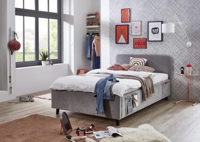 Produktbild von Meise Möbel Jugendbett Cosy 140x200 cm | Bettgestell | USB | 4 Betttaschen | Strukturstoff Grau | Holzfuß schwarz