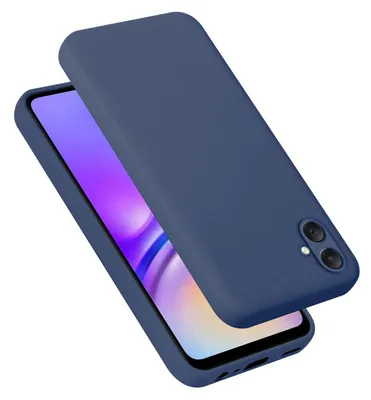 A blue silicone phone case is shown on a white background, partially covering a smartphone.
