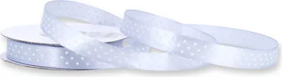 Einseitig glänzendes, weiß gepunktetes graues Satinband auf Rolle. Perfekt für Bastelprojekte und Geschenkverpackungen