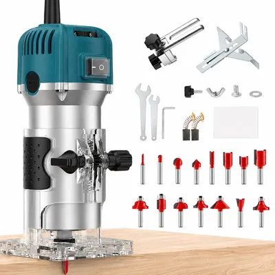Produktbild von Candeon 800W Oberfräse Holzbearbeitung, 6-Gang 10000-30000 U/min, Trimmer Set mit 15 Bits 1/4 Zoll, KI-generiertes Bild