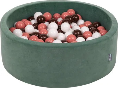 Zdjęcie produktu dla KiddyMoon suchy basen okrągły velvet z piłeczkami 7cm zieleń lasu: łososiowy-brązowy-biały 90x30cm/300piłek zabawka basen piankowy
