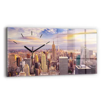 Produktbild von Wallfluent Wanduhr – Stilles Quarzuhrwerk - Uhr Dekoration Wohnzimmer Schlafzimmer Küche - Zifferblatt mit Strichen - schwarze Zeiger - 60x30 cm - Sonnenuntergang New York