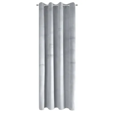 A single gray curtain hanging vertically against a white background.