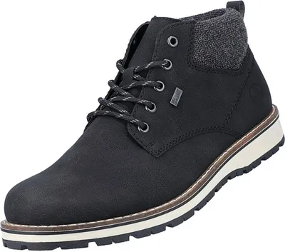 A black men's boot is shown against a white background.