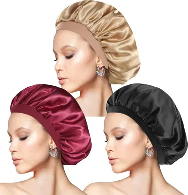 Produktbild von 3 Stück Seidenhaube zum Schlafen – Verstellbare Satin Haarhaube, Atmungsaktive und Weiche Silk Bonnet für Damen und Mädchen (Schwarz, Rot, Gold)