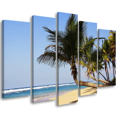 Produktbild von 5-teiliges leinwandbild tropenstrand meer 200x100 cm Feeby blau wandbild bereit zum aufhängen