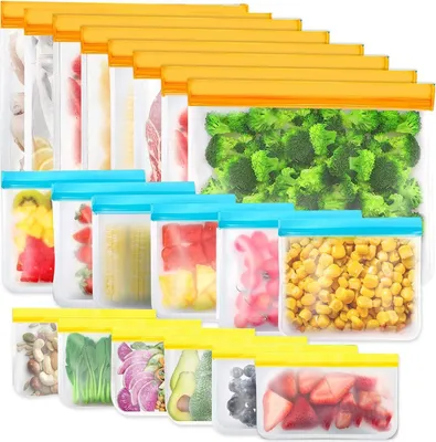 A collection of reusable food storage bags filled with various foods, arranged in rows.