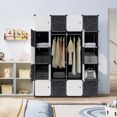 Produktbild von YZNAHRE Kleiderschrank 145 cm Breit Garderobenschrank Steckregalsystem mit 20 Würfel DIY Kleiderschränke Kunststoffschrank mit Tür Regalsystem Schrank Standregal, Schwarz+Weiß