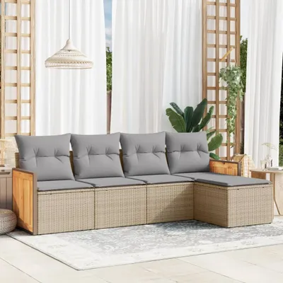 Produktbild von Design 5-tlg. Garten-Sofagarnitur mit Kissen Beige Poly Rattan, Gartenmöbel-Sets 2024 Neu