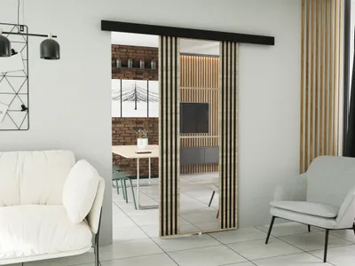 A modern living room with a sliding door.