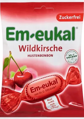 Produktbild von Open Food Em-eukal Wildkirsche Hustenbonbons - Dr. C. Soldan - 75 g, Palmöl, 22 g, 75 g, C, e330, e953, e955, Süßungsmittel: Isomalt; Kirschsaftkonzentrat; Wildkirschrindenextrakt; Natürliche Aromen;...