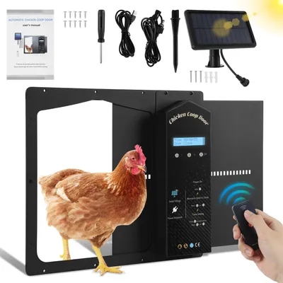 Obrázek produktu pro Bettizia Automatické kuřecí dveře Solar s velkým displejem, světelný senzor, časovač, dálkové ovládání, IP65 Vodotěsné kuřecí dveře Automatic, Anti-trap Automatické kuřecí dveře pro kurník