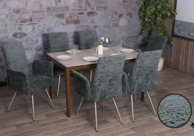 Obrázok produktu pre sada 6 jedálenských stoličiek HWC-G55, stolička s podrúčkami, brúsená nehrdzavejúca oceľ tkanina/textilný šenil Oeko-Tex ~ modro-zelená