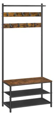 Immagine prodotto di Appendiabiti con panchina, 9 ganci, ripiano per scarpe, stile industriale, color marrone e nero vintage, dimensioni 32,2 x 64 x 180 cm