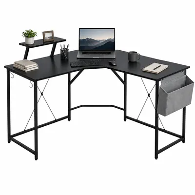 Produktbild von Lina® Computertisch im Industrie Design, aus Holz, 130x130x75 cm, Holz+Regal Schreibtisch, mit L Schreibtisch und Zusatzfach - Schwarz