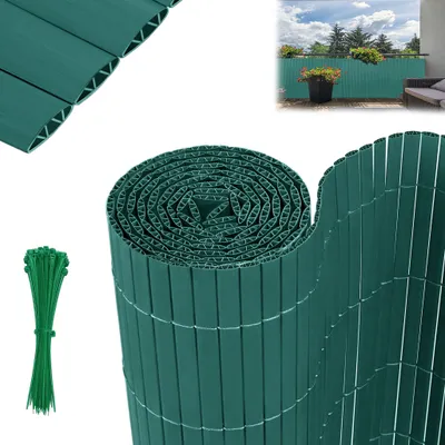 A roll of green PVC privacy screen fencing and a bundle of green cable ties are shown against a white background. A smaller inset image shows the fencing installed on a balcony.