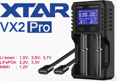 Produktbild von Xtar VX2 Pro – Universelles Analyse Ladegerät für 1,5V; 3,6 - 3,7V Li-Ion; 3,2V LiFePO4 & 1,2V Ni-MH Akkus