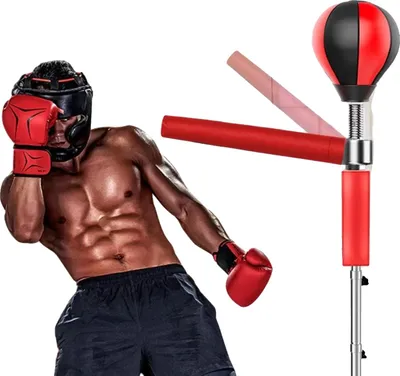 Image de Entraîneur de boxe, hauteur réglable, barre de réaction pivotante à 360°, rouge