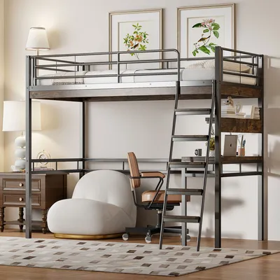 Produktbild von MODFU Hochbett Kinderbett 90x200cm mit Rausfallschutz, Metallbett Etagenbett mit Schreibtisch, Regale und Geländer, Jugendbett Bettgestell, Schwarz