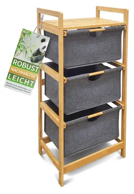 Produktbild von HEIMWERT Grau Wäschekorb Regal 3 Fächer - Stabiler Wäschesortierer aus Bambus Holz - Wäschesammler 44 x 34,5 x 96 cm groß für Badezimmer und Schlafzimmer