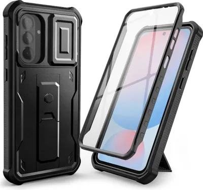 A black phone case with a built-in stand and a separate screen protector.