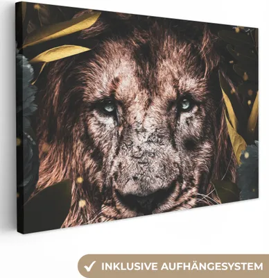 Produktbild von MuchoWow® - Leinwandbilder - Löwe - Blumen - Gold, Wandbild, Wanddeko Bilder Wohnzimmer, 120x80 cm