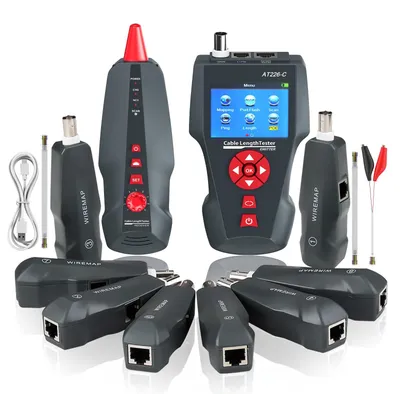 Obrázek produktu pro Testovač síťových kabelů s LCD displejem, podporující konektory RJ45, RJ11 a BNC, s funkcemi PING a POE