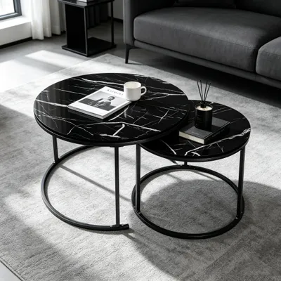 Produktbild von Couchtisch Rund,Satztisch 2er Set,Schwarz Marmor Couchtisch mit Metallgestell,Stapelbar Beistelltisch Set,Sofatisch für Wohnzimmer,Schlafzimmer,Balkon