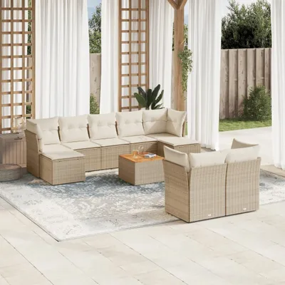 Produktbild von Design 10-tlg. Garten-Sofagarnitur mit Kissen Beige Poly Rattan, Gartenmöbel-Sets 2024 Neu