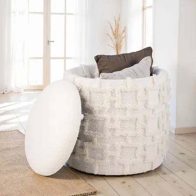 Obrázek produktu pro FineBuy Sedací taburet s úložným prostorem 45 x 40 cm Kulatý čalouněný taburet s měkkou strukturovanou látkou a odklápěcím víkem Moderní úložný taburet v krémové barvě Pohodlný taburet