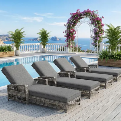 Produktbild von Merax 4er Outdoor-Liegen aus Rattan, Gartenmöbel mit 4-fach verstellbare Rückenlehne, Gartenliege mit Abnehmbares Kissen, Wetterfest, Metallrahmen,Grau