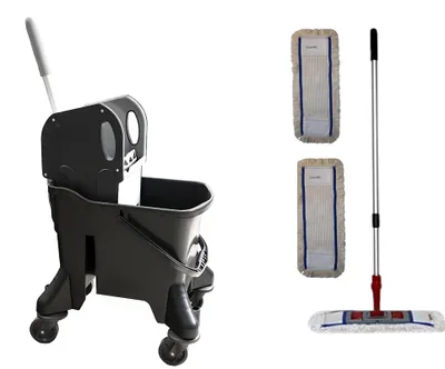 Produktbild von CleanSV Wischset black 40 cm - 24 Liter, Sprintus Putzeimer mit 4 Rädern gelb mit Presse, 3 Baumwollmop, Teleskppstiehl und Mophalter 40 cm