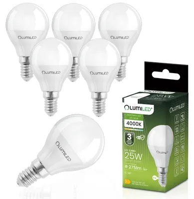 Zdjęcie produktu dla Zestaw 6 sztuk żarówek LED E14/P45, kula, 2,5W, zastępuje 25W, 275lm, 4000K, światło neutralne, kąt świecenia 180°, 230V, mleczna, nie do ściemniania, opakowanie 6 sztuk