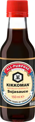 A bottle of Kikkoman Soy Sauce against a white background.