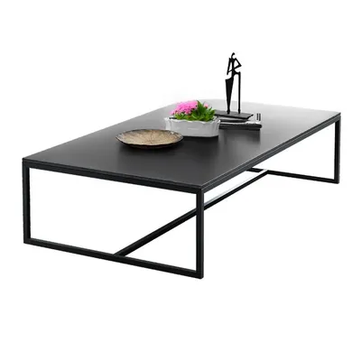 A black rectangular coffee table with a metal frame, shown from a slightly elevated angle on a white background. Decorative items, including a small plant and a sculpture, are placed on the table.