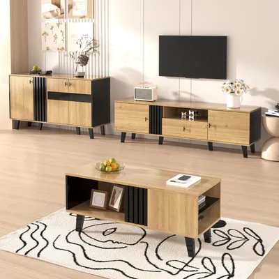 Immagine prodotto di Set di mobili da soggiorno a parete Merax 3 pezzi, tavolino, mobile TV e credenza con LED, set da soggiorno con ampio spazio di archiviazione, moderno legno-nero