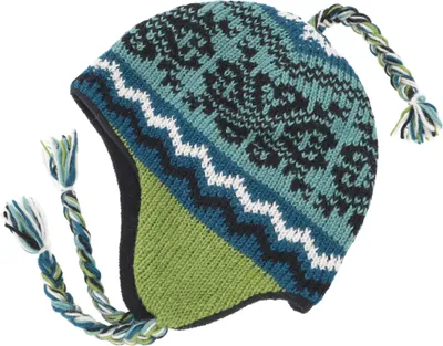 Produktbild von Wollmütze mit Ohrenklappen, Norwegermütze, Wintermütze - Blau/lemongrün, Uni, Mehrfarbig, Wolle, Mützen