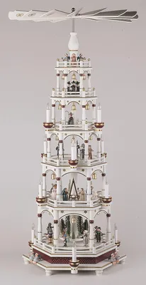 Zdjęcie produktu dla Piramida stołowa z figurkami świątecznymi i currende Bordeaux / biały WxDxH= 42x42x106cm NOWOŚĆ