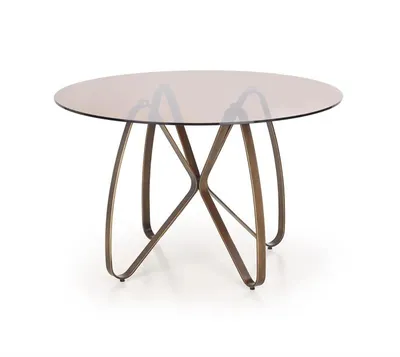 A round glass-top table with a metal base, shown on a white background.